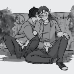 2girls blush clothed_sex clothing dina_(the_last_of_us) ellie_(the_last_of_us) ellie_williams female female_only fingering greyscale human kg_nsfw middle_eastern sitting source_request tagme the_last_of_us yuri