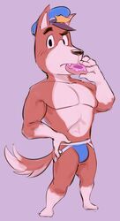 1boy animal_crossing anthro ass barefoot biceps black_eyes blush bulge butt canine clothed clothing copper_(animal_crossing) dog doughnut duckdevil eating fangs food fur jockstrap looking_at_viewer male male_only mammal manly mostly_nude muscular nintendo pecs police sharp_teeth solo standing teeth underwear video_games