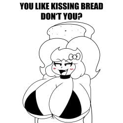 bikini bikini_top blush boykisser_(meme) bread breadna_(tkd) meme meme_reference monochrome sketch smug smug_face text tkd white_background