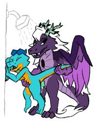 ambiguous_penetration anthro bodily_fluids coldcolor_(artist) cum dragon duo female genital_fluids hair holding_another kobold lifted male male/female mythological_creature mythological_scalie mythology pebble_(coldcolor) penetration penile penile_penetration penis purple_body purple_scales purple_wings scales scalie sex shower shower_sex standing standing_sex tail tail_pull teal_body teal_scales white_hair wings yellow_underbelly
