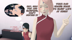 1boy 3d balls black_eyes black_hair blush boruto:_naruto_next_generations breasts cheating closed_eyes clothing dialogue father_and_daughter female forehead_jewel forehead_protector fully_sheathed glasses incest leg_lift leg_up male milf naked naruto netorare nipples nude penis pink_hair sakura_haruno sarada_uchiha sasuke_uchiha sex small_breasts spread_legs straight testicles text vaginal_penetration vhsephi