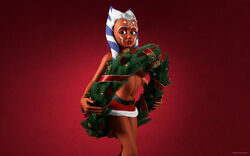 1girls 3d ahsoka_tano alien alien_girl alternate_version_available artist_name bare_shoulders belt big_breasts blue_eyes busty christmas clone_wars covering covering_breast curvy detailed_background eyelashes female female_only front_view half-dressed half_dressed holding_object hourglass_figure humanoid jedi jedi_padawan kondaspeter looking_at_viewer mammal marking no_bra orange_skin pose posing red_skirt shadow shiny shiny_skin sideboob skirt solo standing star_wars togruta topless voluptuous wide_hips