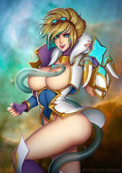 big_breasts blonde blue_eyes bottomless breasts convenient_censoring ezreal gauntlet genderswap goggles happy large_breasts league_of_legends radsquid rule_63 short_hair smile star_guardian star_guardian_ezreal star_guardian_series tentacle