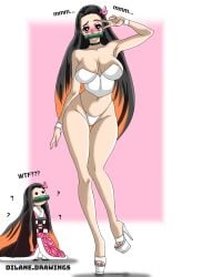 big_breasts chibi choker confused confused_look corset demon_slayer dilane93 eyeshadow goth_makeup hair_ribbon high_heels kamado_nezuko kimetsu_no_yaiba muzzle_gag nail_polish nezuko_kamado peace_sign petite petite_female pleaser_heels smaller_female smaller_human string_panties thick thick_legs thick_thighs thong thong_panties wtf
