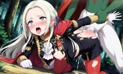 ai_generated anal_sex breasts breasts_out cape clothed crossover doggy_style edelgard_von_hresvelg female fire_emblem fire_emblem:_three_houses gallade garreg_mach_monastery_uniform gloves hair_ribbon holding_arm long_hair long_sleeves pantyhose pokemon pokemon_(species) purple_eyes pussy red_cape ribbon thong_aside, torn_clothes uniform white_hair