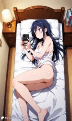 1girls ai_generated bare_ass bare_shoulder bed books bottomless breasts casual casual_nudity covered_nipples encoder female long_hair looking_at_phone lying lying_on_bed lying_on_side medium_breasts naked naked_female nipples no_panties no_underwear nude nude_female on_side original partially_clothed partially_nude phone room smartphone t-shirt t-shirt_only top_view