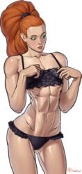 1girls abs bra female freckles ginger green_eyes lingerie long_hair muscular muscular_female navel panties ponytail red_hair small_breasts solo solo_female toned underwear wahafagart