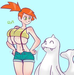 alternate_breast_size dewgong female freckles human kasumi_(pokemon) orange_hair overalls pokemon pokemon_(anime) side_ponytail tight_clothes underboob