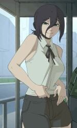 <1_second_video 1girls animated bare_shoulders big_breasts black_hair bra breasts chainsaw_man female female_only flashing green_eyes hair_between_eyes hair_bun large_breasts light-skinned_female light_skin looking_at_viewer medium_hair navel nichiroart panties reze_(chainsaw_man) shirt_lift shirt_up shorter_than_10_seconds shorts shorts_down smile solo tagme twistedgrim underwear vertical_video video white_panties wide_hips