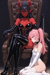 ai_generated black_hair chains corset demon elbow_gloves gloves high_heel_boots high_heels latex latex_gloves pink_hair red_skin throne white_gloves