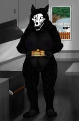 2018 anthro areola big_breasts black_fur breasts canine digital_media_(artwork) female food fur hair human human_(artist) kitchen mammal monster nipples nude open_mouth pancake plant pubes pussy scp-1471 scp_foundation skull standing stove syrup tree wojak