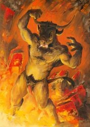 2018 bovine brown_fur closed_eyes fire fur hell horn male male_only mammal minotaur nude penis scale_(artist) traditional_media_(artwork)