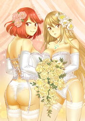 2d 2d_(artwork) 2girls ass back bangs bare_shoulders big_ass blonde_hair blush bouquet breasts chest_jewel cleavage closed_mouth clothed commentary corset cover cover_image cover_page dat_ass detached_sleeves doujin_cover doujinshi dress elbow_gloves english_commentary eyebrows eyebrows_visible_through_hair female female_ass female_only flower flowers from_behind garter_straps gem gloves hair_between_eyes hair_flower headpiece lace-trimmed_panties lace-trimmed_thighhighs large_breasts lingerie long_hair looking_at_viewer looking_back multiple_girls mythra nintendo ooshima_aki open_mouth panties parted_lips pyra red_eyes red_hair short_hair skimpy smile standing stockings swept_bangs thighhighs thighs very_long_hair wedding_dress white_corset white_panties xenoblade_(series) xenoblade_chronicles_2 yellow_eyes