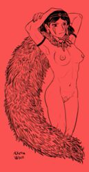 1girls 2018 akera_wan arms_behind_head breasts earrings face_markings female female_only fur hand_on_head human looking_at_viewer navel necklace nipples nude princess_momonoke pussy san short_hair solo studio_ghibli watermark