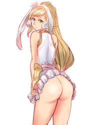 10s 1girls 2018 ass bangs blonde_hair cowboy_shot female fire_emblem fire_emblem_heroes green_eyes long_hair looking_at_viewer looking_back no_panties pocari66 sharena_(fire_emblem) sharena_(spring)_(fire_emblem) sidelocks simple_background solo standing thighs white_background