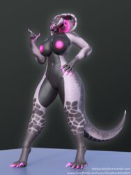 3d anthro black_teeth cobra facial_piercing female furgonomics furry-specific_piercing genital_piercing hi_res idsaybucketsofart navel navel_piercing piercing reptile rose_(deathhydra) scalie scalie_female scalie_only snake solo