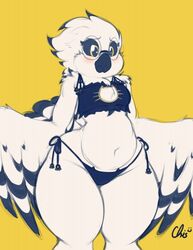 amelia_abernachy avian black_bra black_panties black_sclera glasses lingerie owl sanctuaryowl signature simple_background snowy_owl yellow_background yellow_eyes