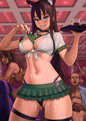 2boys 3girls animal_ears between_breasts big_breasts blowjob blush breast_squeeze breasts brown_hair club condom_belt cum cum_on_body cum_on_lower_body doggy_style female fishnet_stockings fishnets green_eyes heart-shaped_pupils horny human idolmaster idolmaster_cinderella_girls implied_fellatio implied_oral implied_sex large_breasts lasterk long_hair looking_at_viewer male microskirt miniskirt navel nude older_man_and_teenage_girl panties prostitution public_nudity public_sex sex shibuya_rin shimamura_uzuki skirt solo_focus straight stripper_pole teenager thong_above_skirt thong_straps tie tied_shirt used_condom v-string