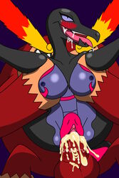 ahe_gao ahegao anthro belly_bulge black_skin blush blushing cum_in_pussy dark_skin darmanitan fire full_nelson pokémon_(species) pokemon pokemon_(species) pokemon_bw pokemon_bw2 pokemon_sm pokemon_usm red_fur red_hair salazzle slobber tail vaginal_penetration vexing_(artist)