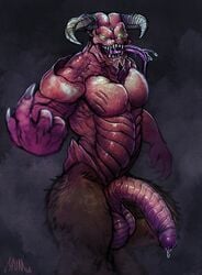 2018 balls baron_of_hell_(doom) beckoning big_balls big_penis chumbasket demon digital_media_(artwork) doom erection fur green_eyes hi_res horn humanoid humanoid_penis incubus long_tongue looking_at_viewer male male_only monster muscular muscular_male nude open_mouth penis precum simple_background solo teeth testicles tongue tongue_out video_games