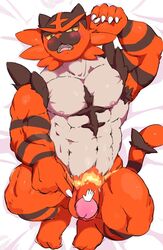 1boy abs ambiguous_gender bed blush dakimakura_design disembodied_hand feet feline flaccid furry glans humanoid_penis incineroar interspecies large_penis large_testicles lying male male_only muscular nintendo nude on_back on_bed open_mouth penis pink_glans pokémon_(species) pokemon pokemon_sm simple_background solo testicles thick_thighs video_games yoshizaurusu_n