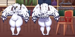 2016 absurd_res amelia_abernachy anthro ass avian beak belly bird black_sclera breasts chair detailed_background feathered_wings feathers female front_view hi_res huge_hips looking_at_viewer multiple_angles navel nekocrispy nude owl rear_view sanctuaryowl slightly_chubby snowy_owl solo standing tail_feathers thick_thighs wide_hips winged_arms wings