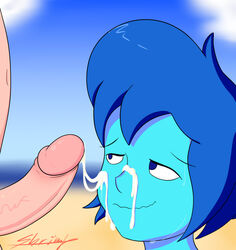 beach belly blue_eyes blue_hair blue_skin cartoon_network cum cum_on_face day facial lapis_lazuli_(steven_universe) navel penis shrimpypuff steven_universe tumblr veiny_penis