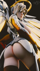 3d areolae ass big_breasts blender blizzard_entertainment blonde_hair breasts female female_only large_breasts looking_at_viewer looking_back mechanical_halo mechanical_wings mercy nipples overwatch solo thighhighs wunder