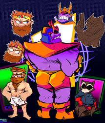 2018 alien anthro ass beard brown_hair bulge clothed clothing facial_hair group guardians_of_the_galaxy hair human humanoid male male_only mammal marvel moustache muscular muscular_male nipples pecs penis_outline procyonid raccoon rocket_raccoon sir_arthur thanos topless torquewintress underwear