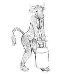 2018 anthro black_and_white bovine cattle cloven_hooves girly greyscale hi_res hladilnik holding_object hooves horn long_penis male mammal monochrome nude penis simple_background solo standing white_background