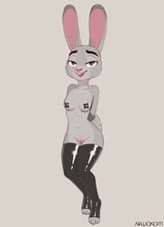 anthro arwokom bondage bound breasts covered_nipples cute disney female happy_sub judy_hopps lagomorph legwear levitating mammal naked_stockings nipple_tape nude pussy rabbit rubber seductive small_breasts solo solo_female stockings tape thighhighs zootopia