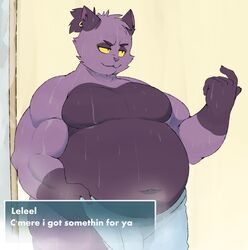 anthro bulge dialogue ear_piercing ecaflip english_text eroborus feline leliel male male_only mammal navel overweight piercing solo suggestive text wet yellow_eyes