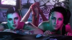 2girls 3d 3d_(artwork) black_hair blue_eyes bracelet brown_eyes clara_lille feet feet_together graffiti graffiti_on_wall hacker laying_on_bed looking_at_viewer mohawk mohawk_(hairstyle) naked naked_female nude nude_female piercing piercings ring sitara_dhawan soles tattoo tattooed_arm tattoos toes tv tv_screen ubisoft watch_dogs watch_dogs_2 word2