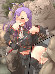 1girls arm_grab ass black_legwear blood blush broken_sword censored clenched_teeth closed_eyes clothed_sex clothing cum cum_in_pussy cum_inside dress dress_lift female from_behind game_cg hair_grab hand_on_head interspecies kinoshita_(air_hike) legs_together long_hair male mass_rape monster_rape mosaic_censoring orc orc_ni_maketa_kuni orc_ni_maketa_kuni_7 penetration penis purple_hair pussy rape righres skirt skirt_lift spoils_of_war standing sword thighhighs vaginal_penetration virgin virginal_blood