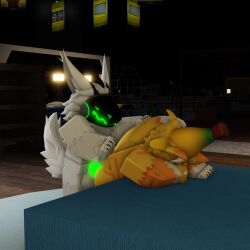 absurd_res anal anal_sex animal_genitalia anthro balls canid canine fox fur genitals hi_res horn machine male male/male mammal orange_body orange_fur penetration protogen sex tail white_body white_fur