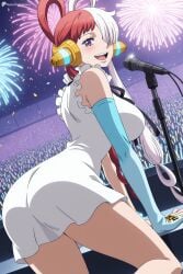1girl ai_generated ass audience blush breasts confetti digitalwaifugallery dress elbow_gloves fireworks gloves glowstick hair_over_one_eye hair_rings headphones hi_res high_quality high_resolution large_breasts long_hair looking_at_viewer microphone microphone_stand multicolored_hair one_piece open_mouth patreon purple_eyes red_hair ribbon seductive sexy sleeveless sleeveless_dress smile solo split-color_hair two-tone_hair uncensored uta_(one_piece) watermark white_dress white_hair
