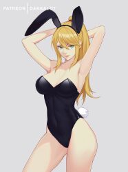 1girls absurd_res absurdres arms_behind_head arms_up bare_legs big_breasts black_leotard blonde_hair blue_eyes bunny_ears bunny_girl bunny_tail bunnysuit cleavage dakkalot fake_animal_ears female female_only leotard long_hair looking_at_viewer metroid nintendo patreon ponytail samus_aran simple_background solo source_request standing strapless strapless_leotard wide_hips