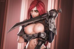 1girls 3d 3d_(artwork) abuka11 armor breasts gloves green_eyes katarina_(league_of_legends) knife league_of_legends long_hair navel nipples red_hair riot_games scared_face smile solo solo_female tattoo weapon