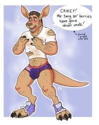 3_toes accent animal_genitalia anthro australian australian_accent australian_flag australian_flag_underwear balls balls_above_penis blue_balls briefs brown_hair bulge bursting_out_of_clothing claws clothing detailed_bulge dialogue digitigrade english_text feet footwear genitals hair hi_res human human_to_anthro kangaroo macropod male mammal marsupial marsupial_genitalia mid_transformation muscular open_mouth outline paws shirt shocked shoes sneakers solo species_transformation speech_bubble tail teeth text toe_claws toes topwear torn_clothing torn_shirt torn_shoes torn_topwear transformation underwear verbal_reaction_to_tf whiskers white_outline