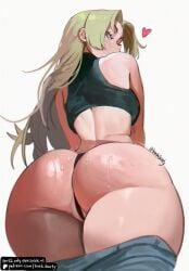 1girls 2026 2d ai_generated artist_name ass back back_view big_ass blonde_hair color colored digital_media_(artwork) female female_only hair heart hi_res honkibooty huge_ass jujutsu_kaisen light-skinned_female light_skin looking_at_viewer looking_back low-angle_view mappa pants pants_down partially_clothed patreon simple_background solo sweat sweatdrop thick_thighs white_background yuki_tsukumo