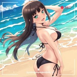 1girl arm_up ass battery_indicator beach black_bikini black_hair blue_sky blush day from_side horizon kurosawa_dia large_breasts long_hair looking_at_viewer love_live! love_live!_sunshine!! mobukichi mole_under_mouth ocean open_mouth outdoors recording side-tie_bikini_bottom smile solo thighs viewfinder