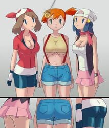 3girls alternate_breast_size ass big_ass big_breasts bike_shorts blue_eyes blue_hair breasts brown_hair cleavage clothed dawn_(pokemon) empty_eyes female female_only gloves green_eyes harem human human_only hypnosis interspecies kasumi_(pokemon) large_breasts long_hair may_(pokemon) mind_control misty_(pokemon) multiple_girls nintendo offscreen_character orange_hair pendulum pokemon pokemon_dppt pokemon_rgby pokemon_rse shirt short_hair shorts side_ponytail skirt source_request standing underboob zelamir