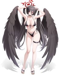 armpits arms_up bare_legs bare_shoulders bikini black_bikini black_choker black_hair black_nails black_wings blue_archive breasts bunching_hair choker cleavage collarbone commentary_request feathered_wings female front-tie_bikini_top front-tie_top full_body grin hair_between_eyes halo halterneck hasumi_(blue_archive) hasumi_(swimsuit)_(blue_archive) highleg highleg_bikini highres korean_commentary large_breasts long_hair looking_at_viewer myomomoo nail_polish navel official_alternate_costume red_eyes sandals shadow side-tie_bikini_bottom simple_background skindentation smile solo standing stomach string_bikini swimsuit thigh_strap thighs toenail_polish toenails twintails very_long_hair white_background wings