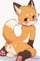 ? ai_generated anal anthro anthro_male anthro_only anus as ass ass_focus balls blank_background blush brown_eyes brown_fur butt_focus cub cute dot_nose fox fox_ears fox_tail innocent kemonomimi leaning leaning_forward leaning_on_hands looking_at_viewer male orange_fur pawpads paws pose posing question_mark tail tail_up viewed_from_behind white_background white_fur