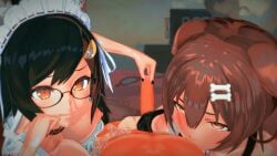 2girls 2girls1boy 3d animated areola bare_chest bare_legs bare_midriff big_breasts big_penis black_hair black_nails breasts_out brown_eyes brown_hair censored choker dog_ears edging female glasses hairpin handjob hololive hololive_japan inugami_korone kemonomimi koikatsu licking licking_nipples looking_at_viewer lying lying_on_back lying_on_side lying_on_stomach maid maid_headdress maid_uniform male male/female naked naked_male nipple_play nipples no_sound ookami_mio open_mouth orange_eyes orange_nails penis tagme teeth thigh_highs tongue tongue_out video virtual_youtuber wolf_ears zaako_(pixiv)