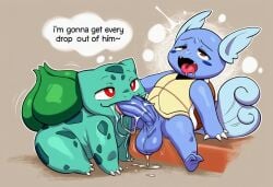 ai_generated anal anthro balls blue_body blue_skin bodily_fluids bottomless bulbasaur clothed clothing cum dialogue drooling duo english_text erection fellatio feral foreskin generation_1_pokemon genital_fluids genitals hellsonger hi_res male male/male male_penetrated male_penetrating male_penetrating_male nintendo open_mouth oral penetration penile penis pokemon pokemon_(species) precum red_eyes saliva scalie sex shell simple_background speech_bubble text tongue tongue_out turtle_shell wartortle