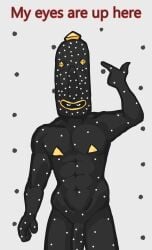 abstract_character absurd_res alien alien_humanoid ambiguous_gender angine_de_poitrine black_body black_skin caption dotted dotted_background drummer fluff_pampz gesture hairless hand_gesture hi_res humanoid klek_de_poitrine long_nose male muscular muscular_male musician pattern_background pointing pointing_at_self simple_background solo text triangle_nipple what