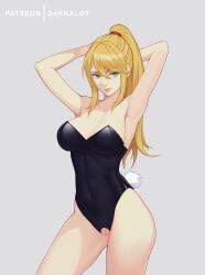 1girls absurd_res absurdres arms_behind_head arms_up artist_name big_breasts black_leotard blonde_hair blue_eyes bunny_girl bunny_tail bunnysuit cleavage crotch_cutout dakkalot female female_only leotard long_hair looking_at_viewer metroid nintendo patreon ponytail samus_aran simple_background solo source_request standing strapless strapless_leotard wide_hips