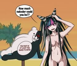 beach cheeeeeeeeeeeeen completely_nude completely_nude_female danganronpa danganronpa_(series) danganronpa_2:_goodbye_despair mioda_ibuki monokuma nipples nudist_beach pussy small_breasts sprite_edit tagme