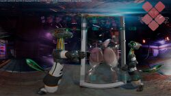 3d_(artwork) against_surface ambiguous_gender amuri anthro anus ass blender_(artwork) cute_fangs digital_media_(artwork) doltern fangs female genitals glitch group group_pose helping_hand hi_res holding_object humanoid machine metallic_body on_glass presenting presenting_hindquarters reptile robot robot_anthro scalie science_fiction snake snake_hood teeth unfinished vulva